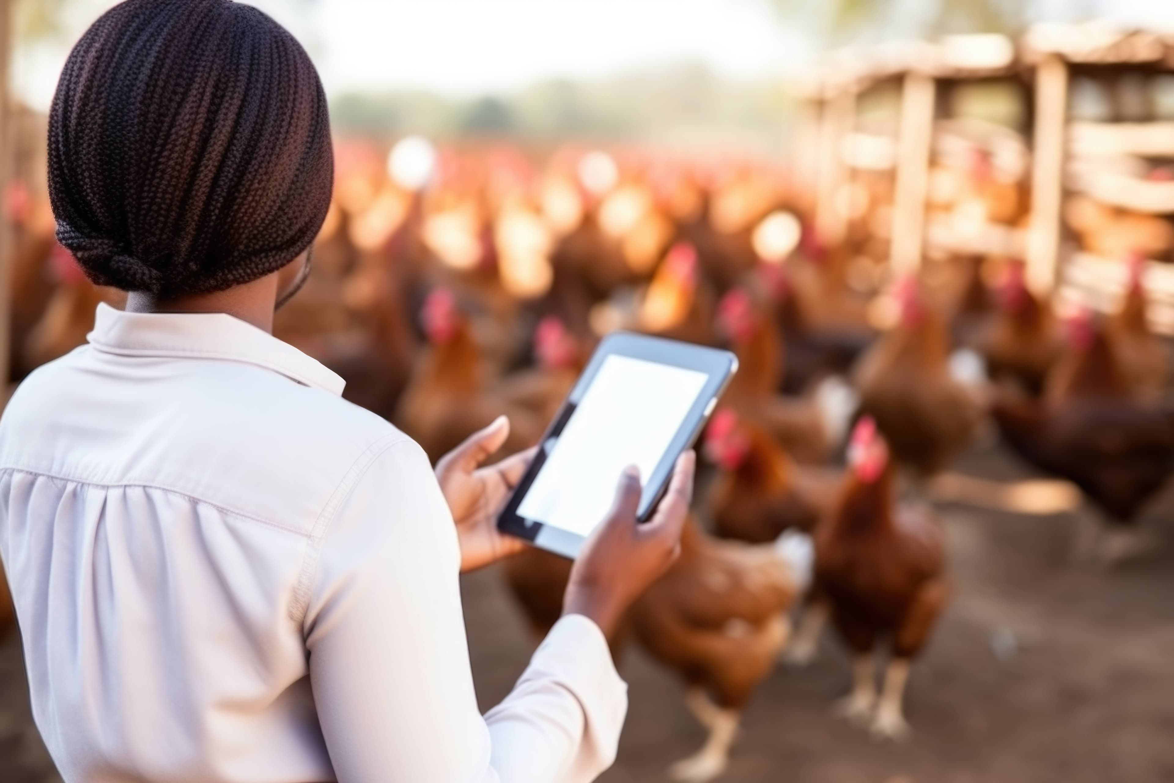 African woman using digital tablet to manage poultry farm operations
