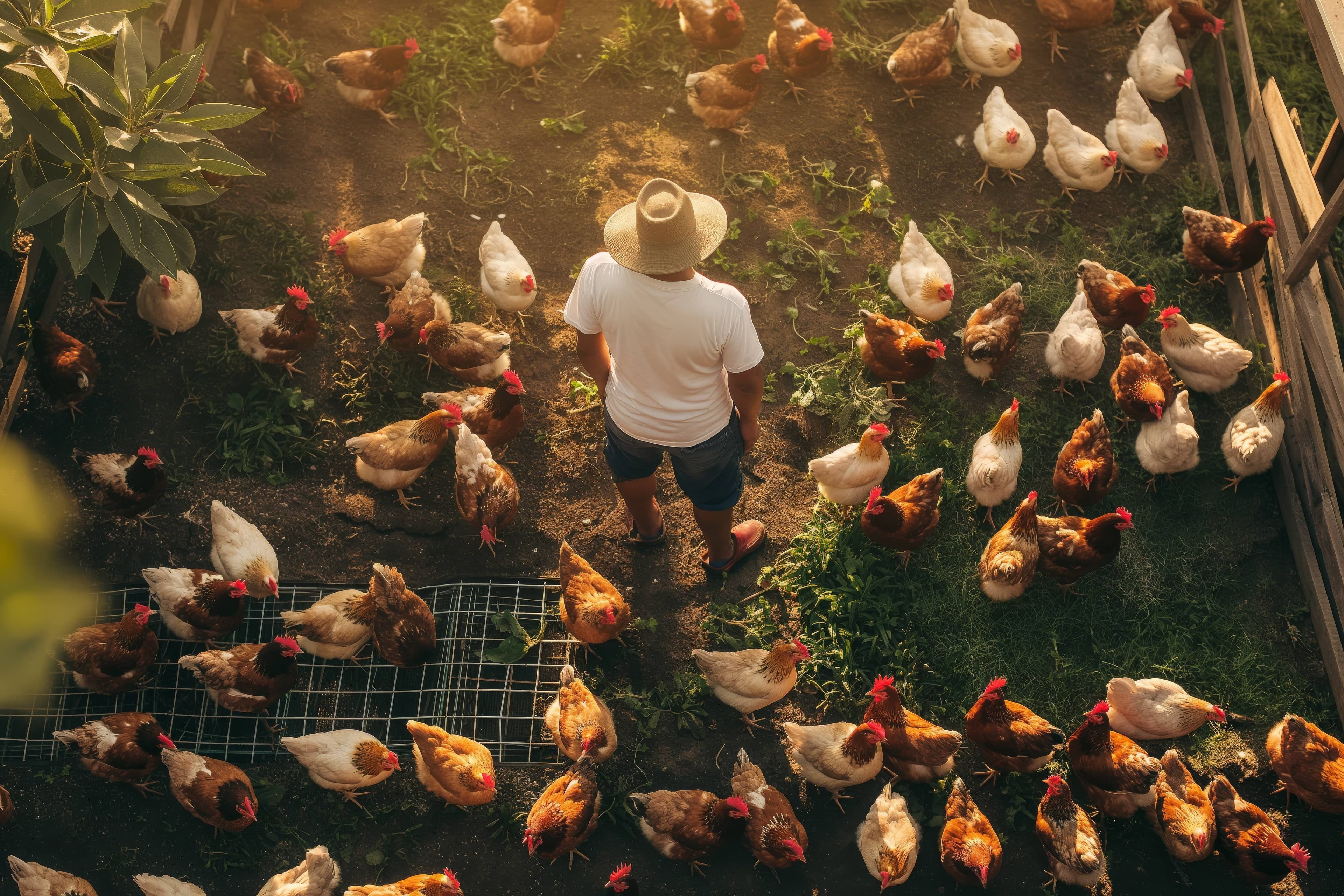 Farmer in poultry farm yard surrounded by chickens