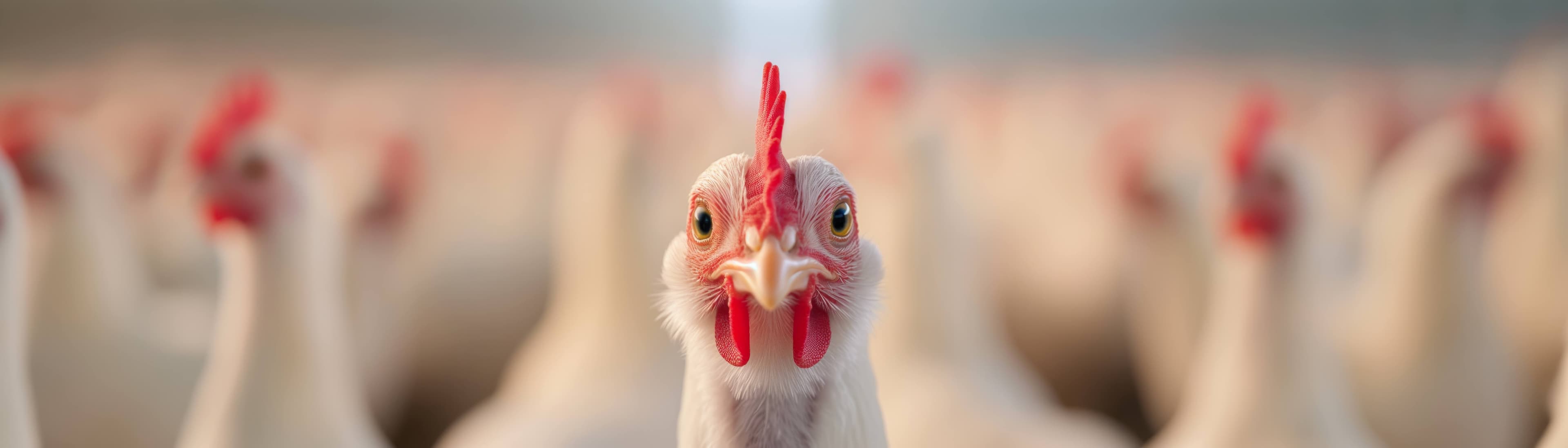 Closeup of white chicken on poultry farm focusing on detailed features
