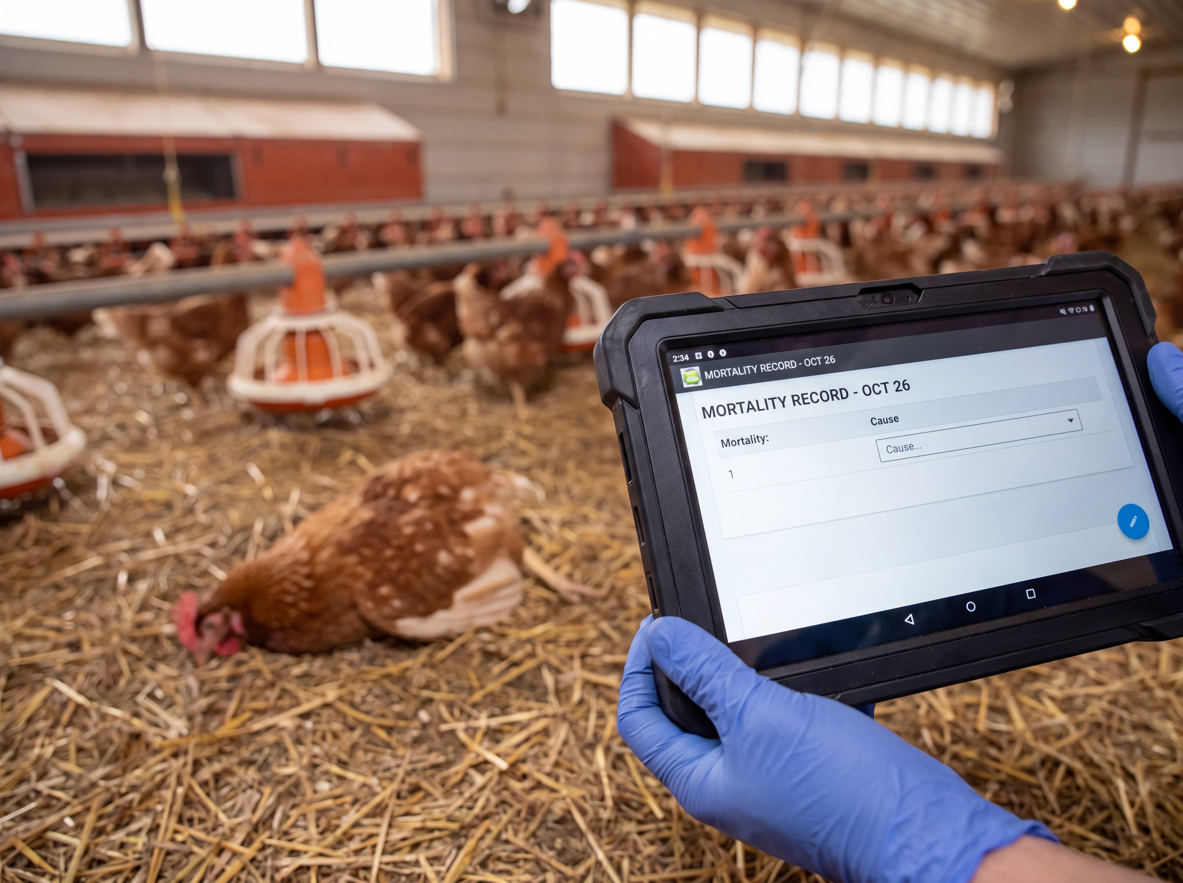 Farmer recording poultry flock mortality on digital tablet